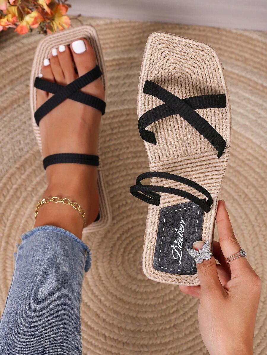Women's Square Toe Straw Flat Sandals, Non-Slip Casual Slippers For Summer