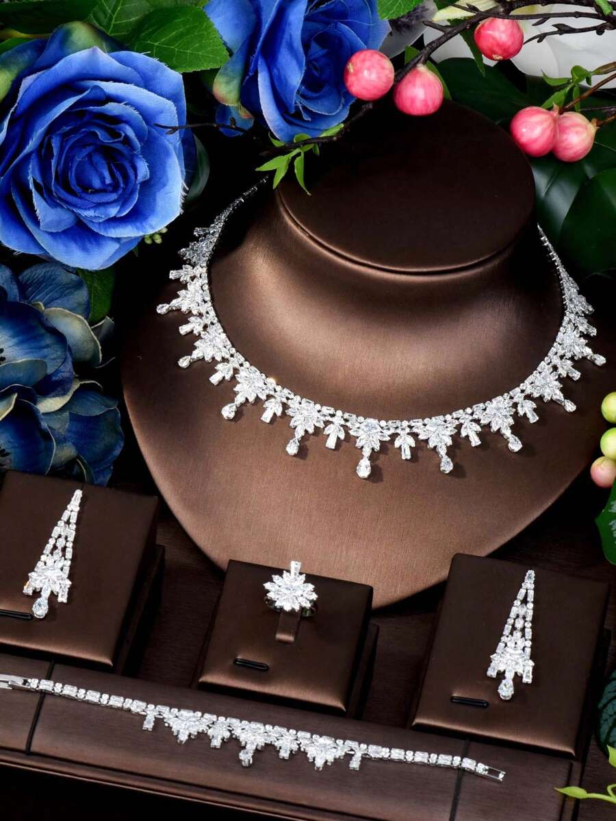1 Set de Elegante Joyería Floral de Circonita Cúbica, Adecuado como Regalo de Aniversario para Mujeres