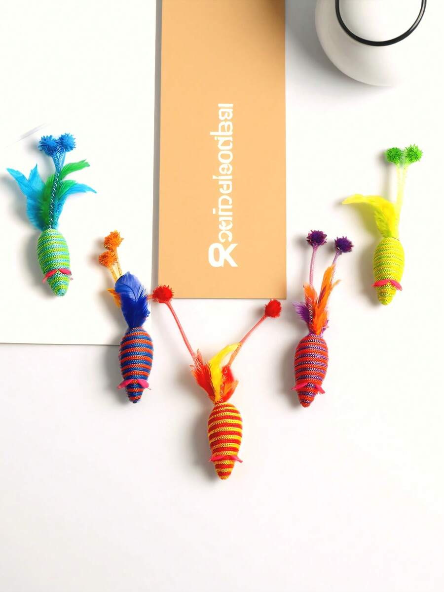 1pc Handmade Woven Pet Cat Toy - Simulated Mouse Toy With Artificial Feathers, Lovely And Attractive For Your Pets