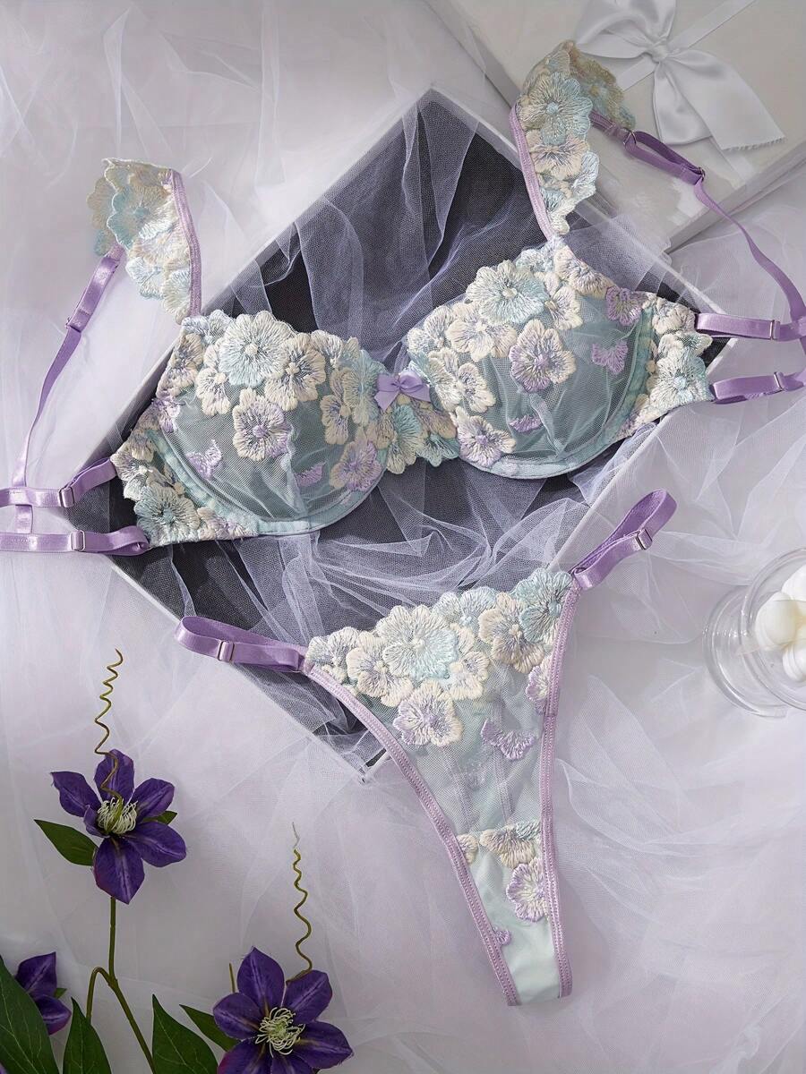 Women Sexy Lace Bra And Panty Set, Floral Embroidery Mesh Push Up Bra Lingerie Set