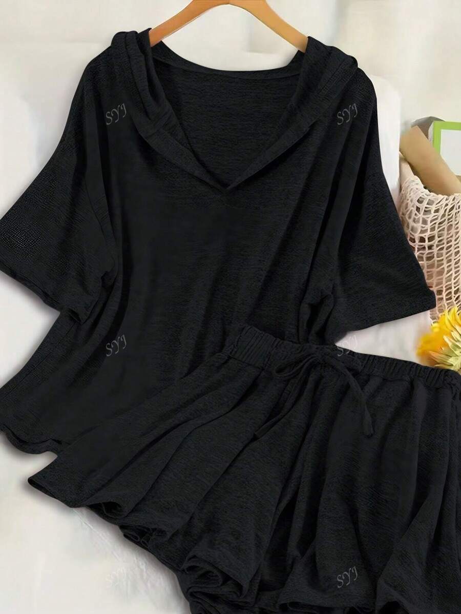 2pcs/Set Casual Solid Color Knit Fabric V-Neck Drawstring Waist Top & Shorts Set For Women, Summer Outfit Includes Short Sleeve Hoodie With Ribbed Hem Matching Stretch Shorts, Suitable For Spring/Summer/Autumn Sporty & Leisure Daily Wear