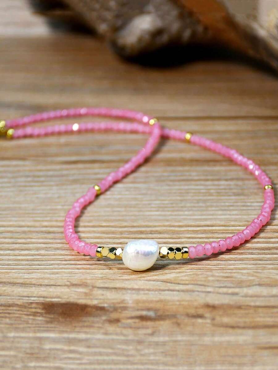 Collar de perlas de agua dulce con estilo dulce y fresco, cadena de cuentas con cristal artificial rosa de lujo y nicho, cadena de clavícula, joyería