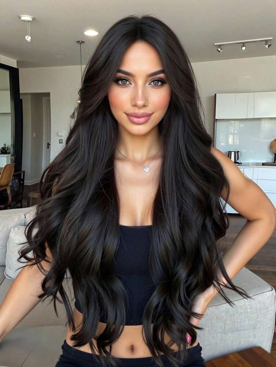 Parrucche lunghe 28 pollici nere per donna, con riga centrale, in fibra sintetica, capelli ricci naturali per uso quotidiano, eleganti e affascinanti