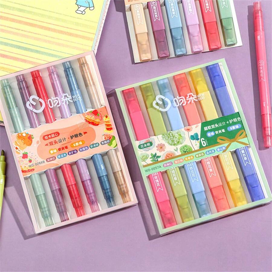 6 piezas Bolígrafo fluorescente de doble punta con aroma, marcadores de resaltado de colores pastel para arte, dibujo, marcado, escuela y oficina, de regreso a la escuela