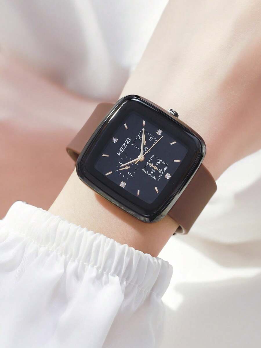 KEZZI 1 pieza Reloj cuadrado de cuarzo con correa de silicona color caqui de estilo simple y unisex, adecuado para decoración casual diaria