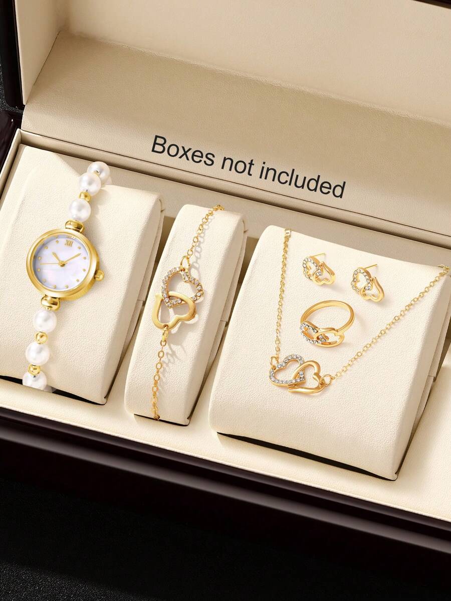 6pcs/Set Women Elegant Quartz Pearl Watch Bracelet Set With Heart-Shaped Cubic Zirconia Necklace Ring Earrings, Gift For Mother's Day, Teachers' Day, Thanksgiving, Student Graduation & Birthday, No Box