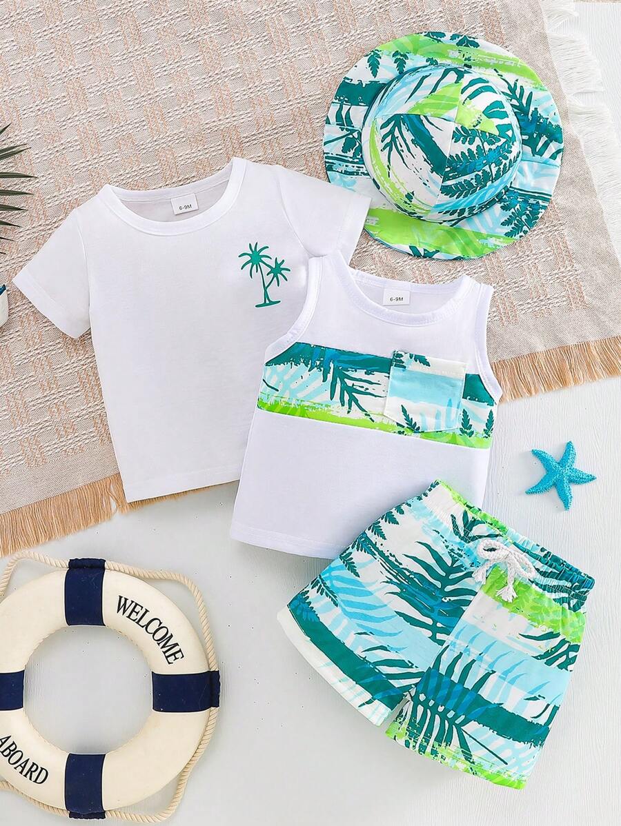 Conjunto de 4 piezas para bebé niño de verano: Parte superior y chaleco con estampado de hojas multicolor + Pantalones cortos estampados + Gorra