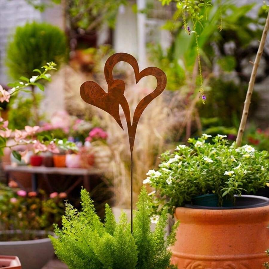 1PC Rusty Heart-Shaped Garden Stake, Metal Garden Decor, Wedding Valentine'S Day Decorations, Rust-Colored Double Hearts Garden Stakes For Flower Pots Lawns Courtyards, Spring Summer Decorations