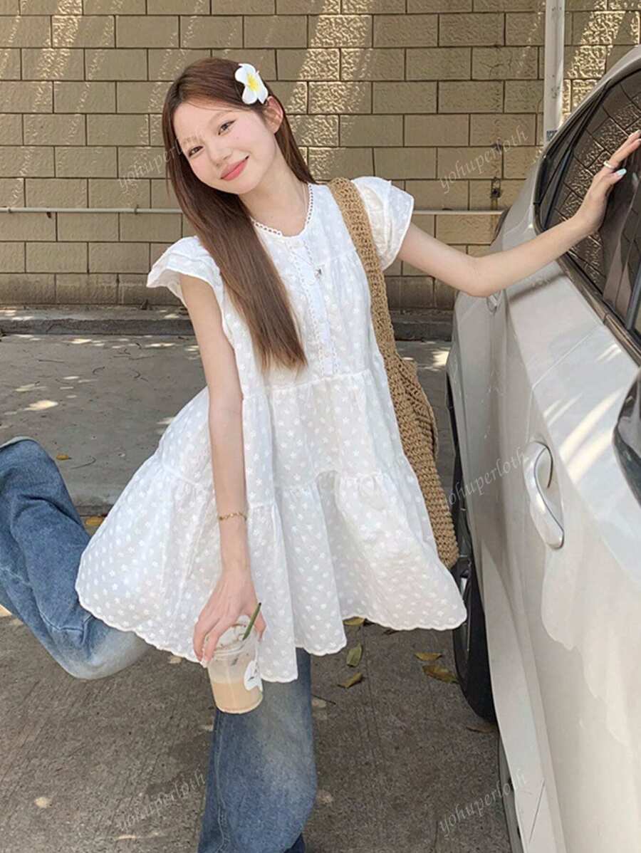 Petite White Embroidered Dress Casual Cute Mini Dress Overlay A-Line Cakes Skirt For Summer