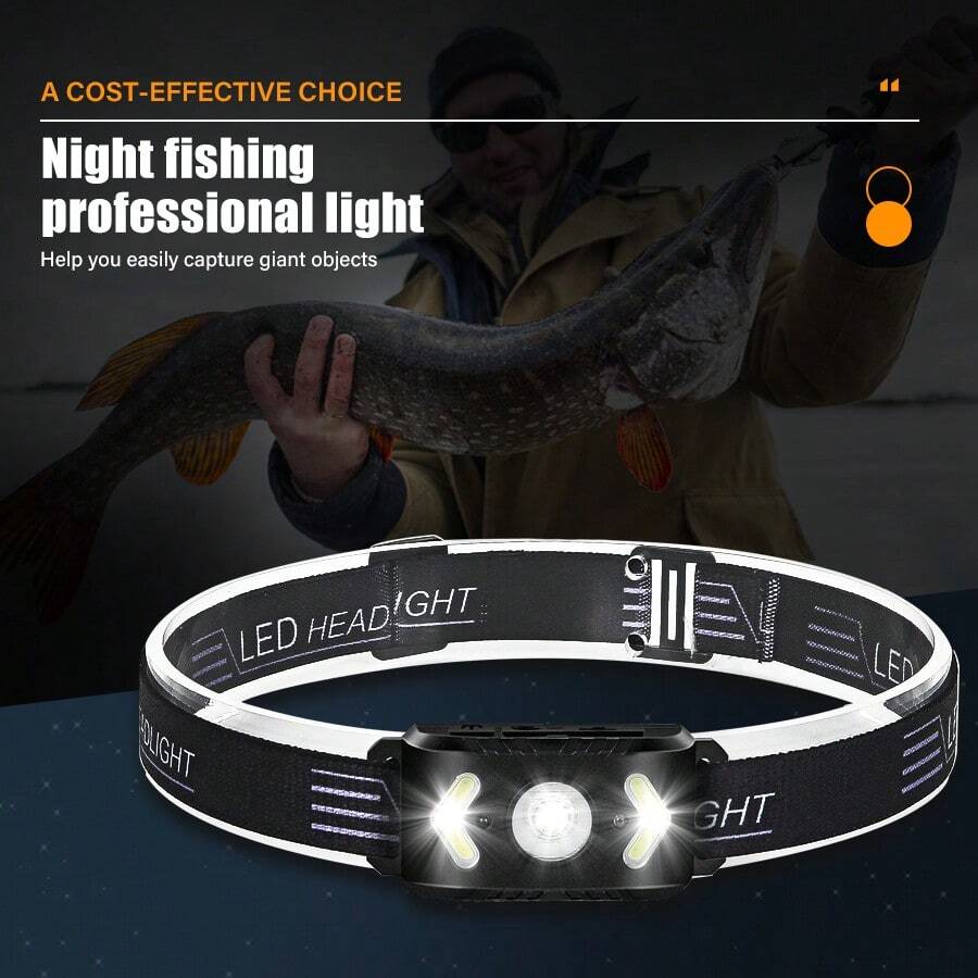 Hoofdlamp met 5-standensensor, snel opladen via Type-C, 1200 mAh, lange levensduur, handgolfsensor + COB-vullicht, geschikt voor nachtvissen, wandelen en hardlopen