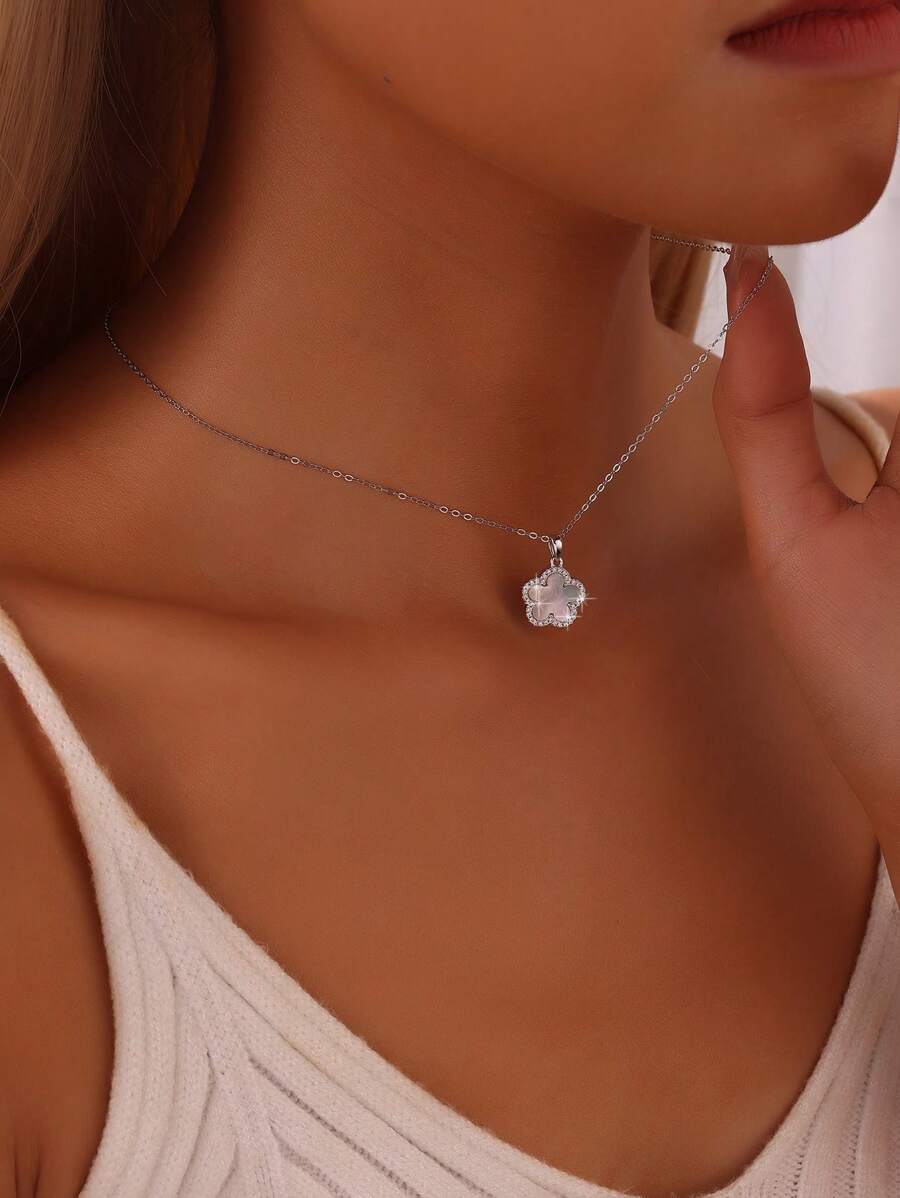 1 pieza Collar con colgante de flor de concha y trébol de 5 hojas de plata esterlina 925, joyería de lujo clásica de moda, regalo para el Día de la Madre, San Valentín