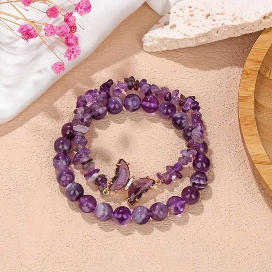 PHCOO 2 Peças Conjunto de Pulseira Decorada com Borboleta Simples e Elegante com Pedra Natural Assimétrica, Conjunto de Joias da Moda