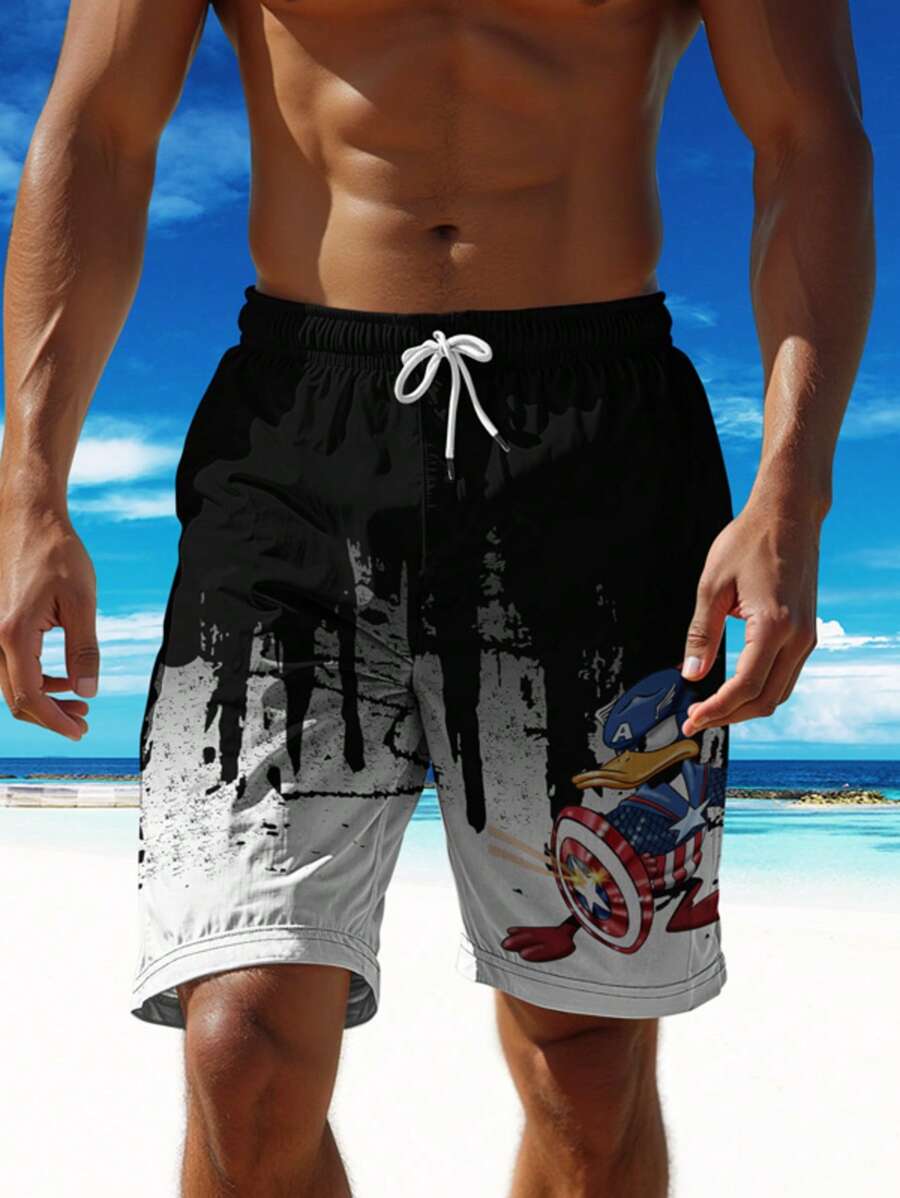 Disney (Disney Licensed) 1pc Men's Cartoon Donald Duck Printed Beach/Outdoor Sports Shorts, 3D Digital Printing, Lightweight, Breathable, Quick Dry, Comfortable Casual Style