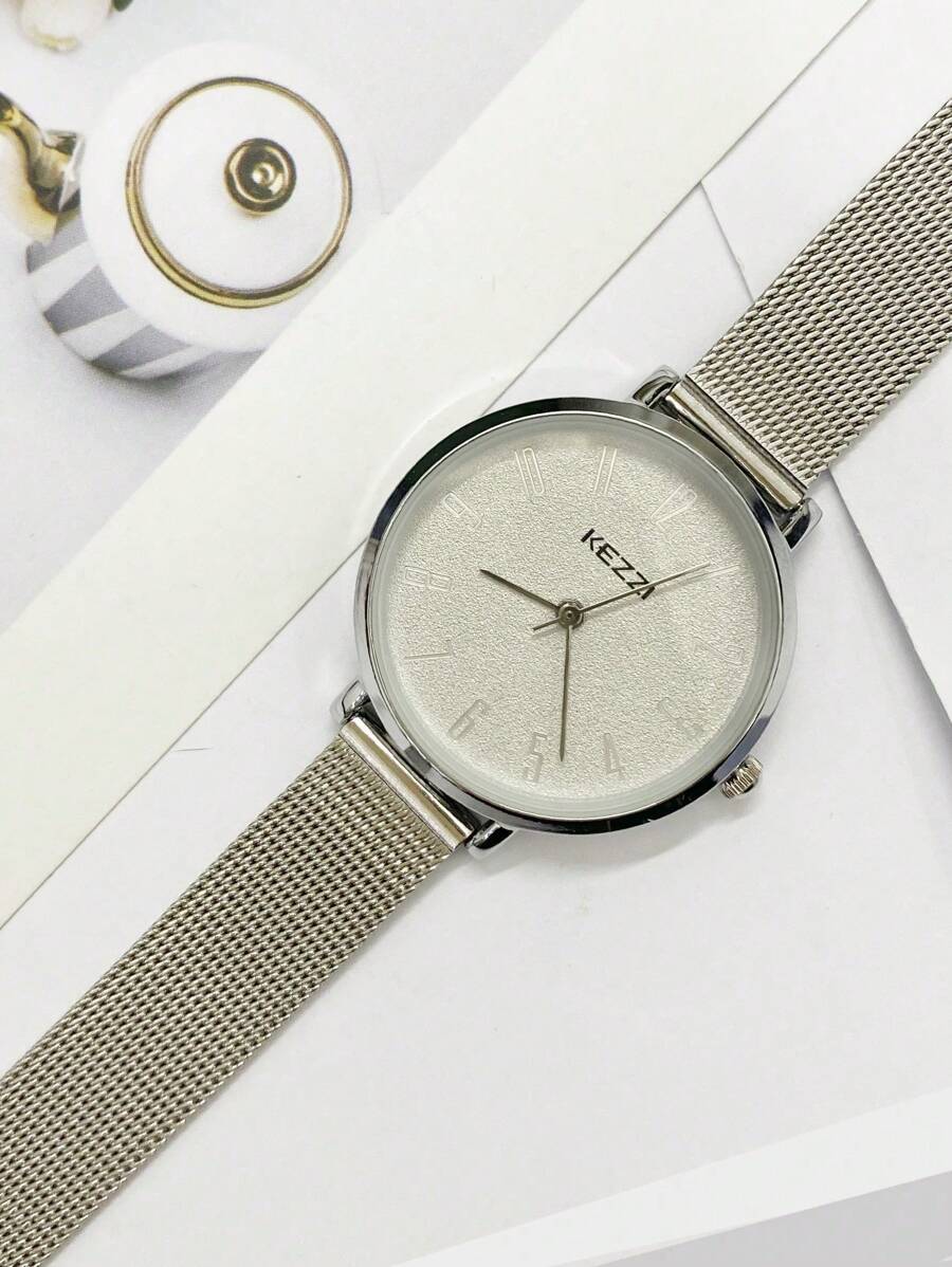 KEZZI 1 pieza Reloj de cuarzo con esfera redonda de color púrpura, dial de dígitos y correa de malla de acero inoxidable de estilo minimalista para mujeres, pequeño y refinado, adecuado para uso diario
