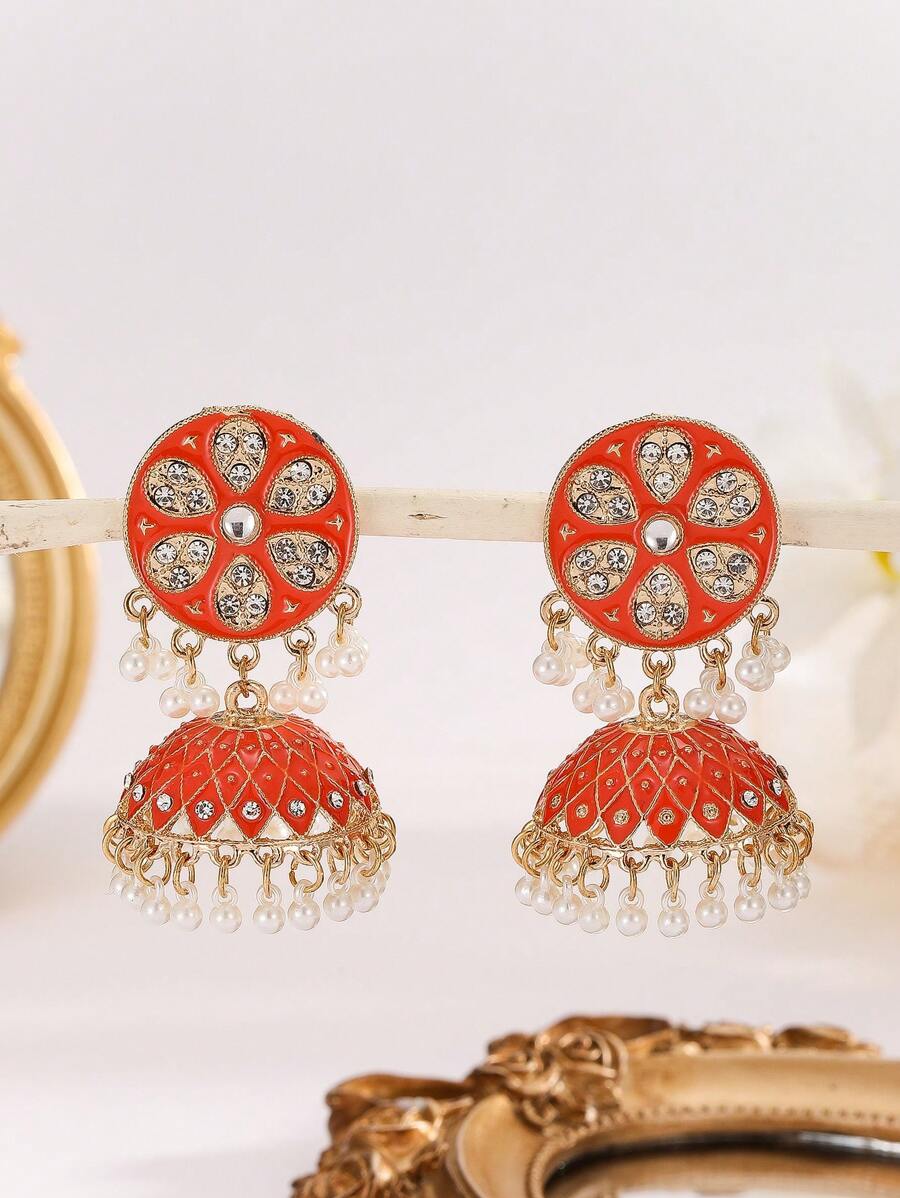 1 par de pendientes retro con gotas de agua, incrustados con perlas y rhinestones, pendientes con borlas, pendientes bohemios con campanas, pendientes para mujer para uso diario, banquetes, fiestas y vacaciones