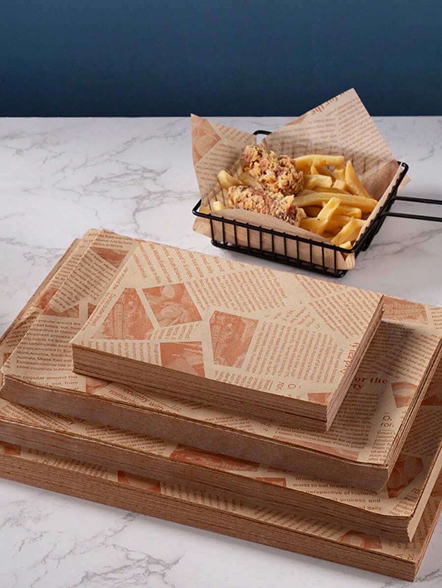 100 pièces de papier anti-huile, papier de hamburger, frites et poulet frit, papier absorbant l'huile, papier de cuisson, papier d'emballage pour sandwich, style de journal avec imprimé rétro de journal pour doublures alimentaires