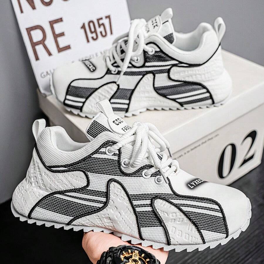 Men's Color Block Sneakers, 2025 Spring New Fashionable Versatile Thick Sole Low-Top Lace-Up Round Toe Casual Shoes For Men, Party & Events, Canvas Patchwork Breathable Soft Bottom Lightweight Outdoor Personalized Street Style Anti-Slip Saw Tooth Design Sneakers