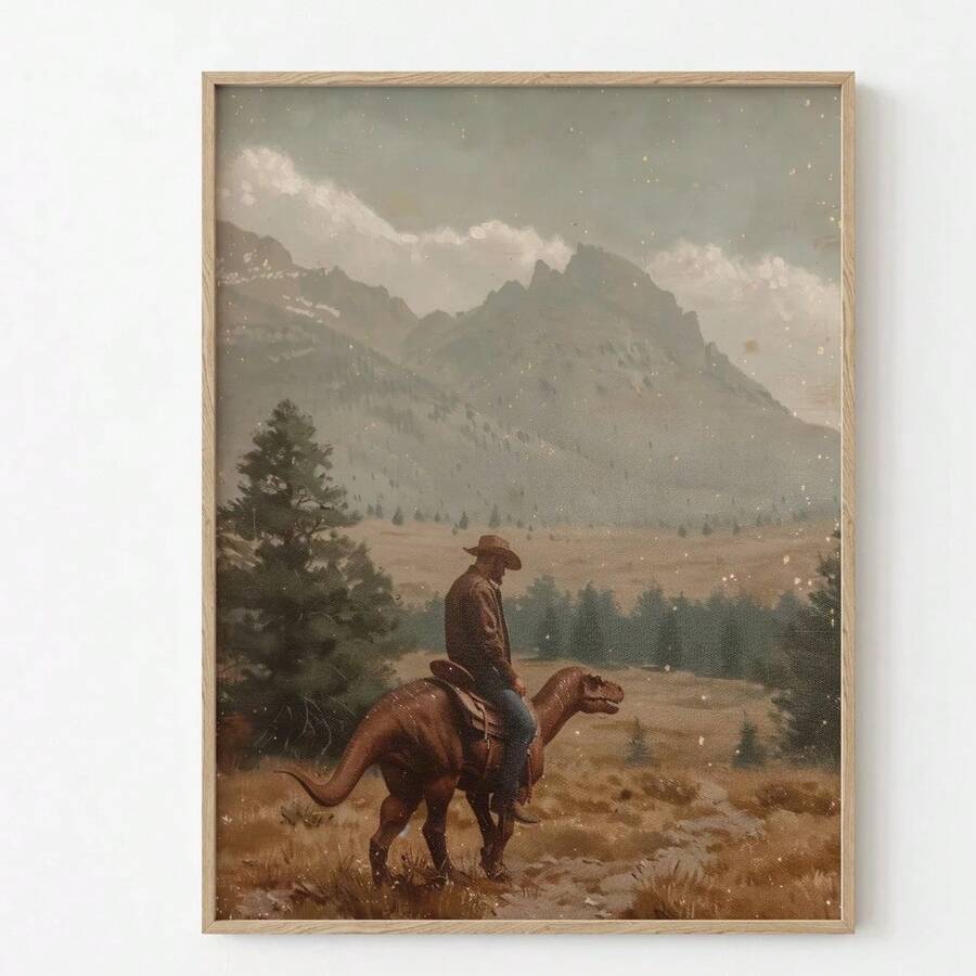 1pc,Wall Arts,Vintage Posters,Vintage Dinosaur Cowboy Canvas Print | Western Jurassic Dinosaur Print | Gift For Him,Funny Print,Unframed ,Wall Art With Frame