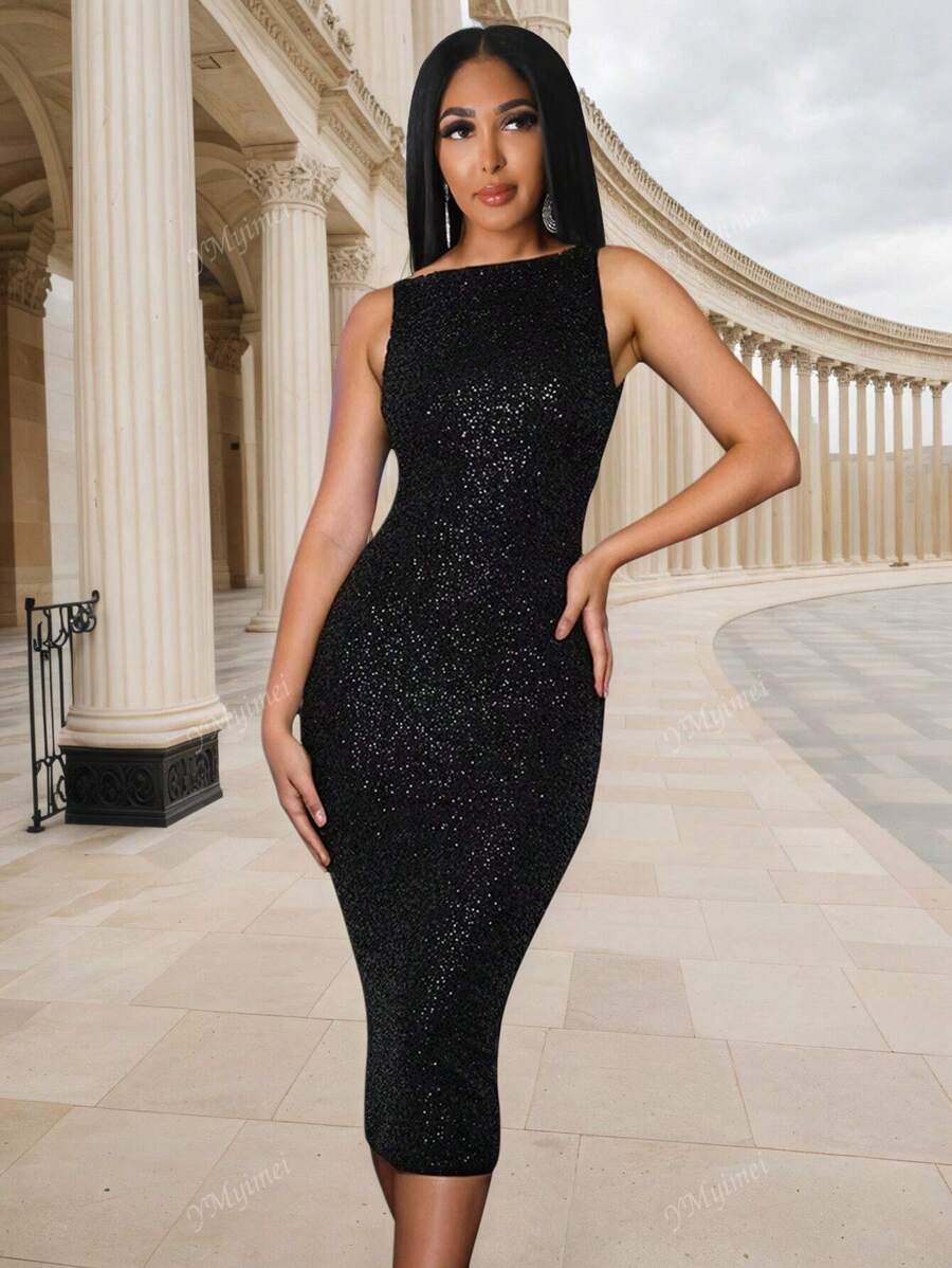 Vestido sin mangas con espalda descubierta, de lentejuelas, con abertura alta y sensual, vestido de fiesta y coctel
