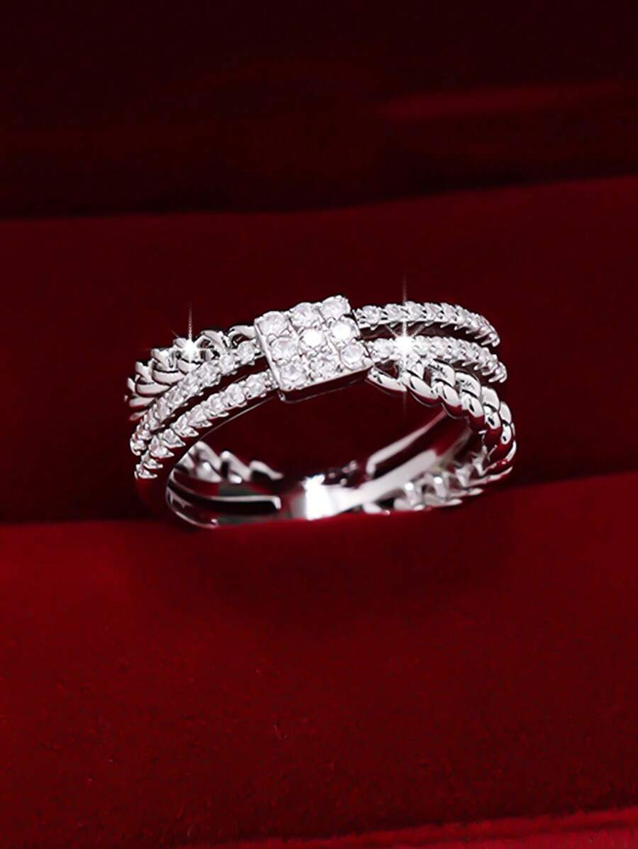 1 pieza Anillo de zirconia cuadrado elegante y brillante con diseño de cruce, diseño clásico para damas, apropiado para citas, propuestas, bodas y ocasiones casuales