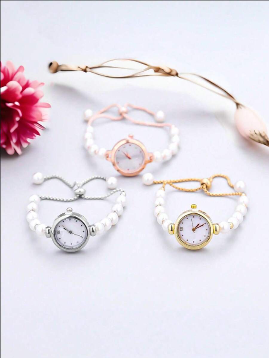 1 pieza Elegante reloj de cuarzo casual de mujer con cadena de metal con cuentas, accesorio adorable de perlas artificiales para fiesta