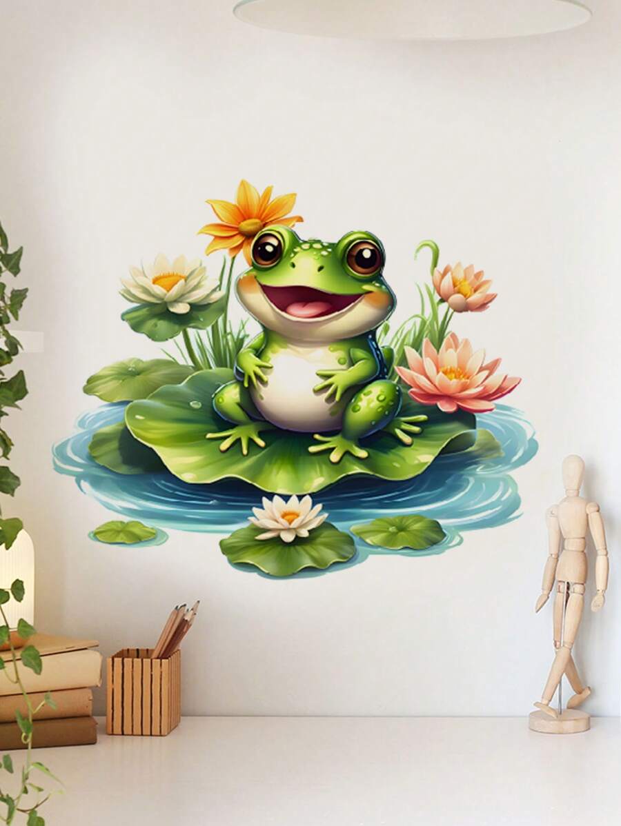 mama look 1 pièce Trou de regard 3D classique et amusant de chien naïf, grenouille souriante adorable fleur de lotus, papillon, rose tennis faux perles, cage d'oiseau de branche d'arbre fleur, autocollant mural décoratif pour salle de bain, papier peint PVC amovible