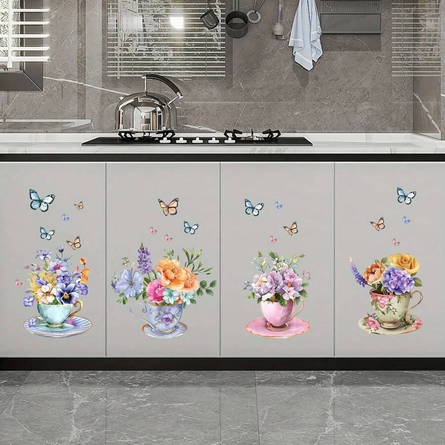 1 set de autocolante de perete cu imprimeu floral, autocolante de perete impermeabile din PVC cu flori în acuarelă, potrivite pentru bucătărie, sufragerie, dormitor, verandă, decor pentru cameră de bucătărie, decor pentru casă, tapet, tapet pentru baie, autocolante personalizate, decor de perete