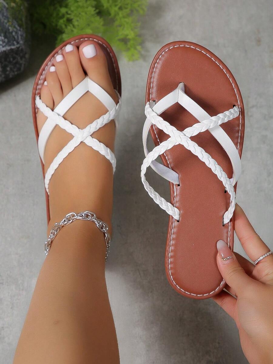 Nuevas sandalias tipo chanclas planas tejidas, sandalias casuales y versátiles para la playa, ligeras y cómodas en marrón, blanco, plateado y negro