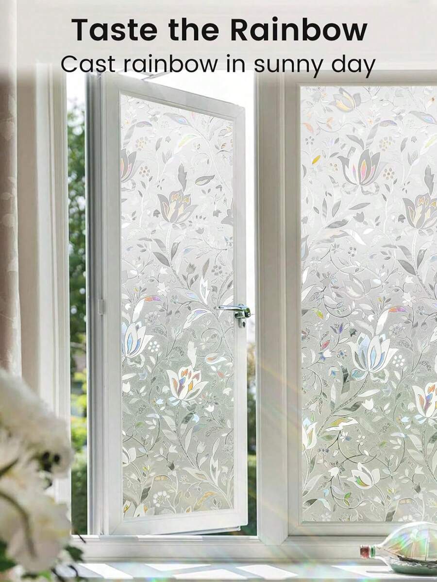 1m/3m Rainbow Tulip 3D Window Film, Privacy Window Film, Decorative Colored Glass Window Film, Anti-UV Glass Sticker, Suitable For Rental Homes, Balcony, Bedroom Translucent Windows, DIY Glass Film, No-Glue Glass Film