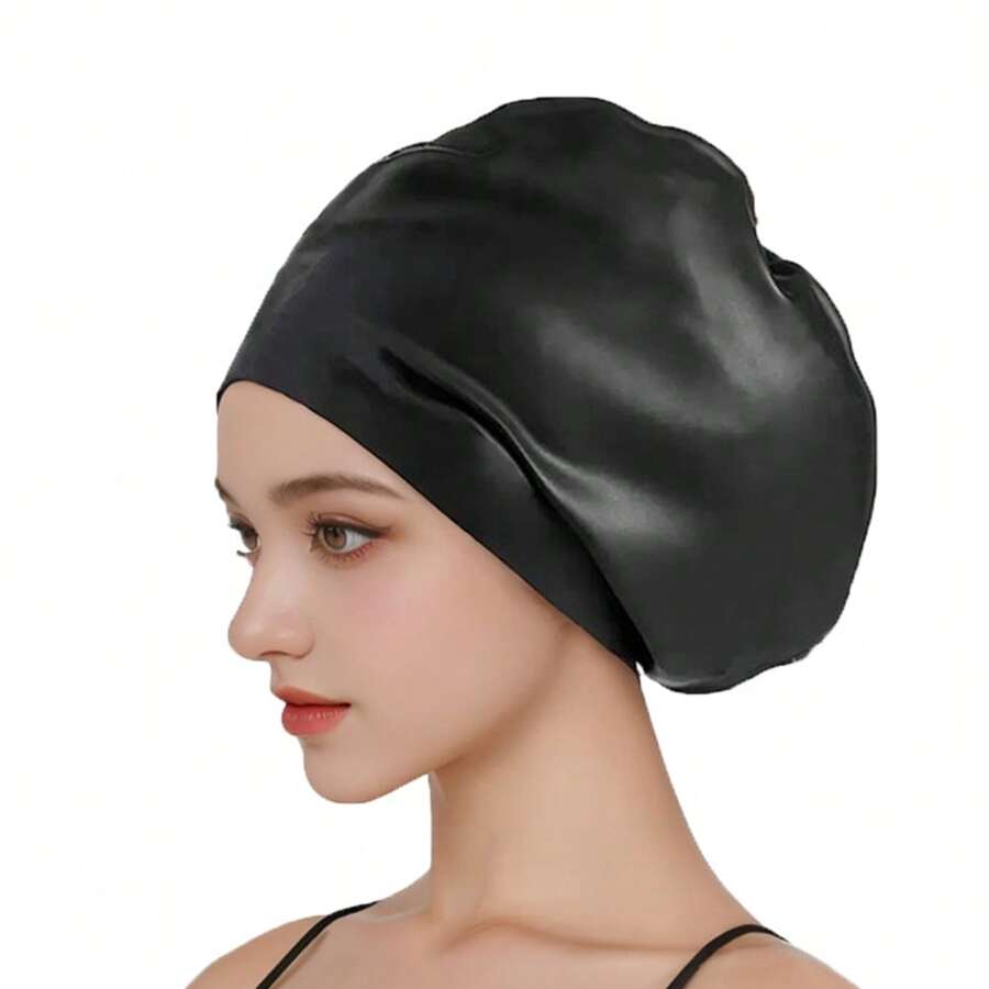1pc Summer Silicone Black Swimming Cap, For Long Hair, Swimming Accessories Beach Essential