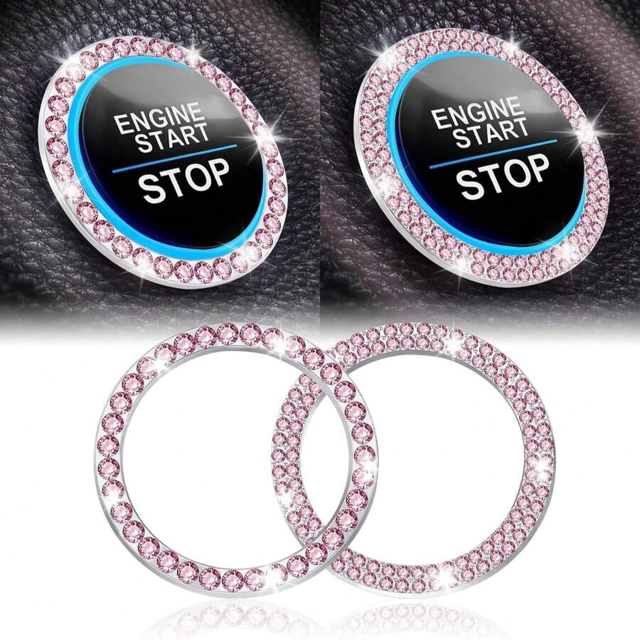 2 Stücke Strass Auto Start-Stopp Dekorationsring, glitzerndes Auto Innenausstattung Zubehör für Frauen, Start-Taste Abdeckung/Aufkleber, Schlüssel-Zündung & Knauf Glitzerring, farbig