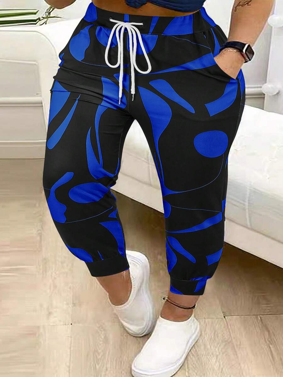 Plus Size Women's Geometric Print Casual Drawstring Waist Long Pants