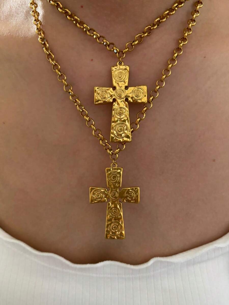 Monlansher Nuova collana da donna con pendente a croce, design in metallo in rilievo esagerato, realizzata in acciaio inossidabile, alla moda, versatile e adatta all'uso quotidiano, colore oro
