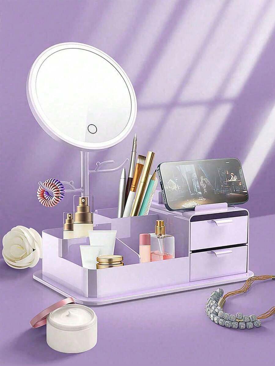 1 Stück Schminkkoffer mit Spiegel, LED-Schminkkoffer mit Schreibtischspiegel, Schubladenaufbewahrung, stufenloses Dimmen des Touchscreens, geeignet für Schreibtisch-Make-up, Badezimmer, Büro, Schminkspiegel mit Nachtlicht