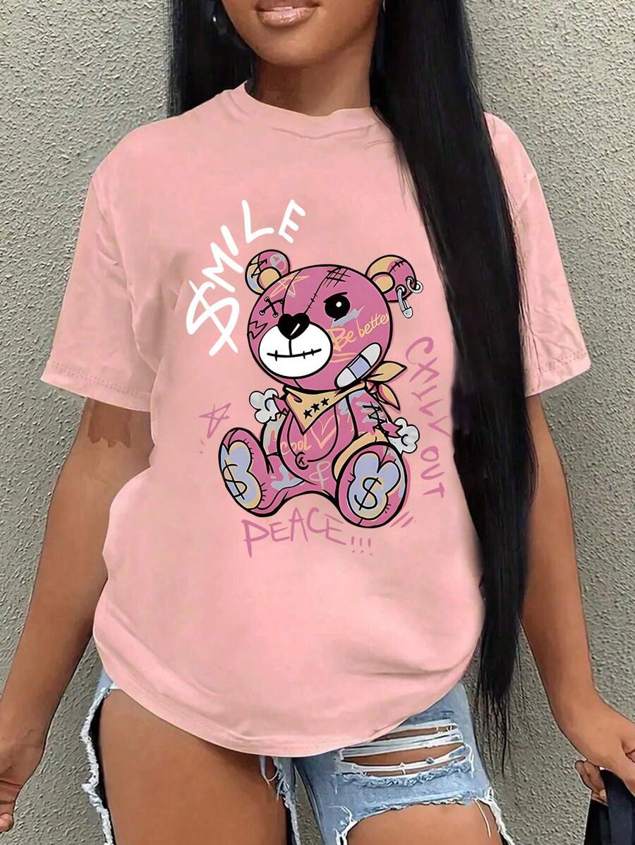Teen Girl Loose Plus Size Bear Print Graphic Tees For Girl Short Sleeve T Shirts,Teen Girl's Summer Tops Crewneck Shirt Blouse