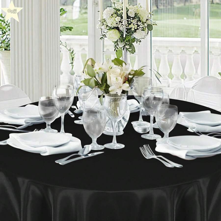 3pcs 57-Inch Round Satin Tablecloth, Black Round Table Cover Suitable For Wedding, Party, Banquet, Meeting, Celebration, Ceremony, Birthday Party Decoration