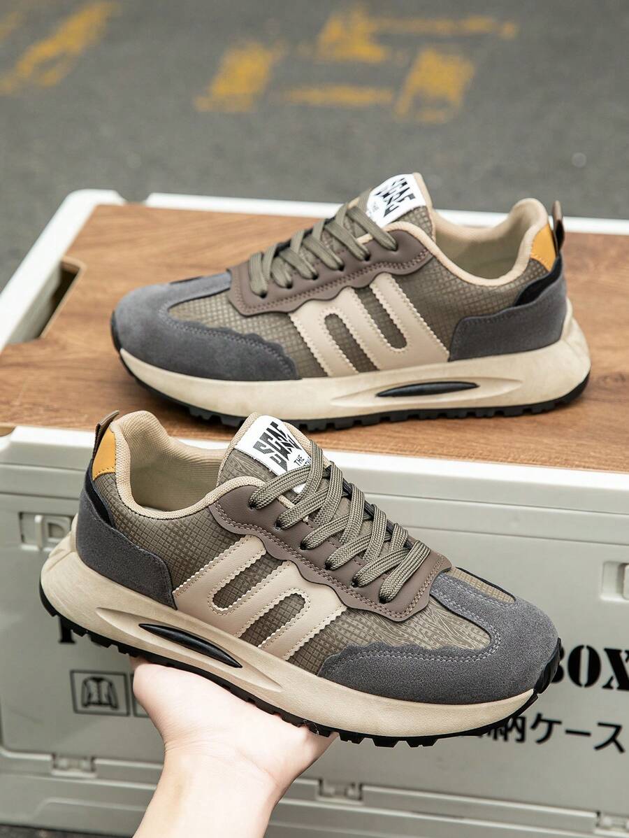 Men's Spring New Shock Absorption Soft Bottom Leather & Mesh Patchwork Breathable Casual Sneakers, Shock-Absorbing, Anti-Slip, Durable, Fashion, Suitable For Running, Commuting, Work, Daily, Campus, Sports, Youth