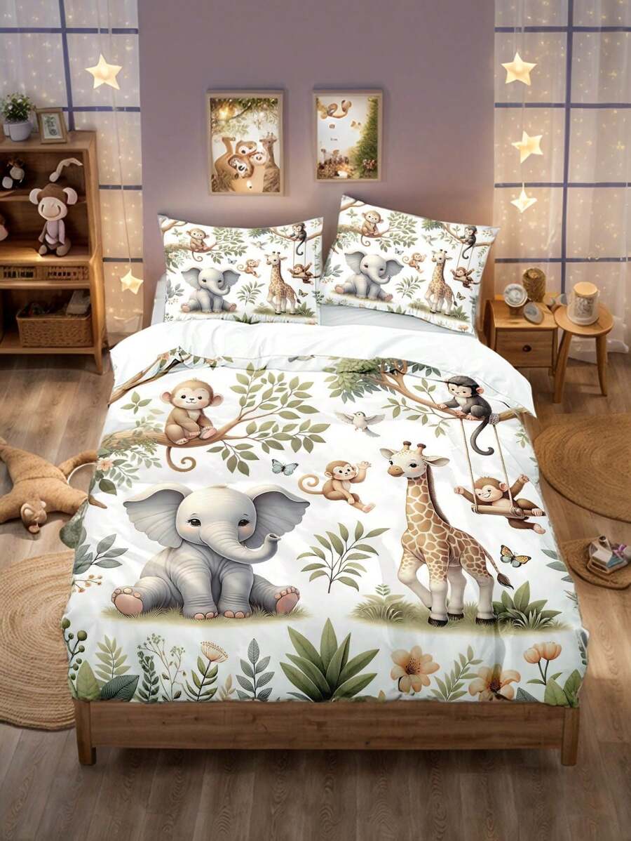 Juego de ropa de cama de 4 piezas con diseño de paisaje vívido con monos, elefantes y jirafas del bosque, que incluye funda nórdica con cremallera y estampado digital, adecuado para dormitorio, pensión, (1*Funda nórdica + 2*Fundas de almohada + 1*Sábana), regalo perfecto de primavera/verano para amantes de los dibujos animados
