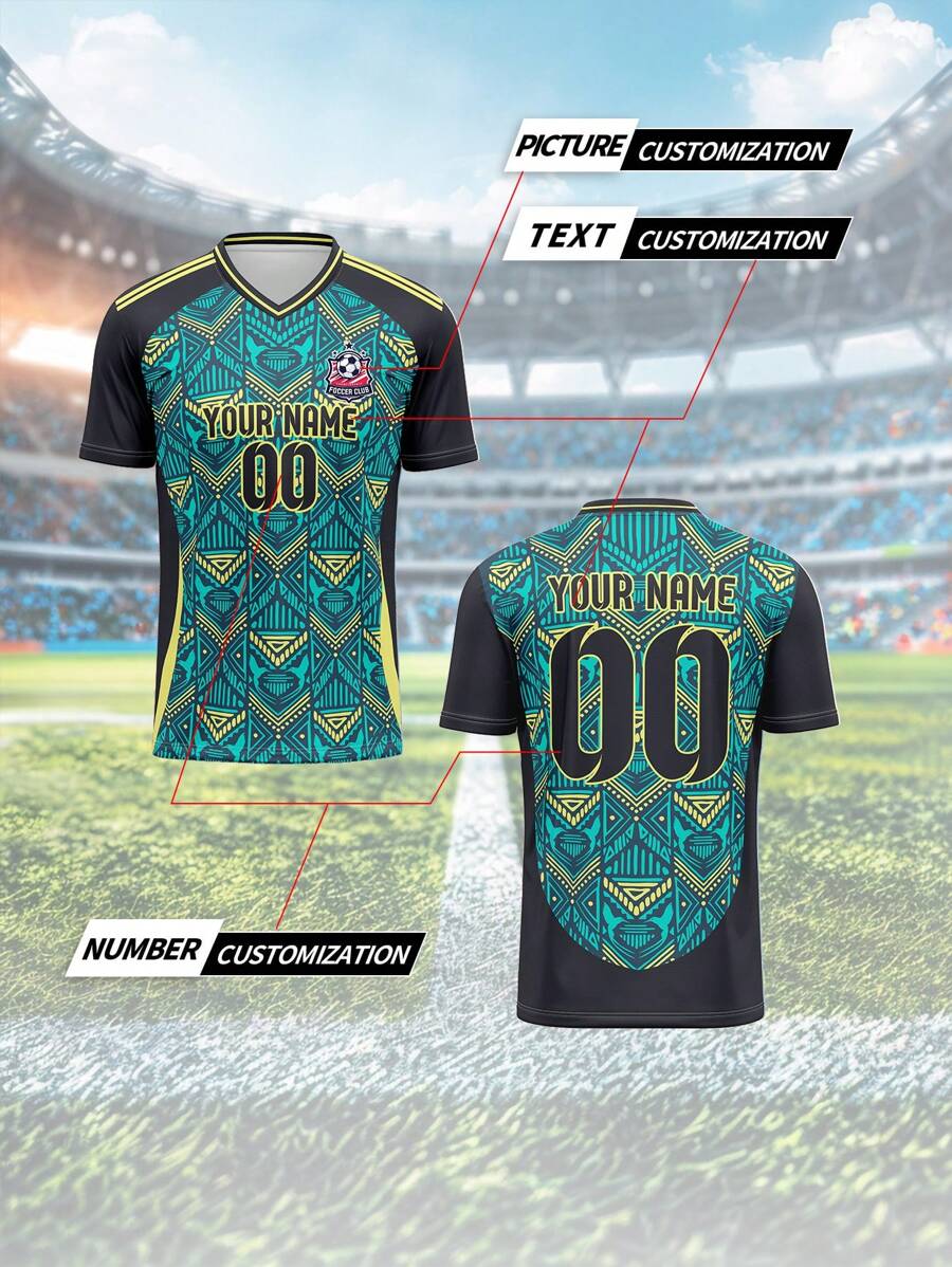Maßgeschneidertes Sportjersey, Jamaika, atmungsaktiv schnelltrocknend 210g leicht Frühling/Sommer Unisex V-Ausschnitt Sportteam Club Training Fußball-Top, Front/Rückseite Namens- Nummer- Logo-Muster, lässiger, bequemer Sitz für Alltag, Party, Treffen