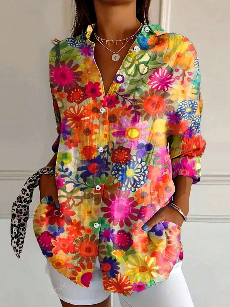Women's Casual Long Sleeve Colorful Print Blouse, European & American Style, Spring/Autumn 2025