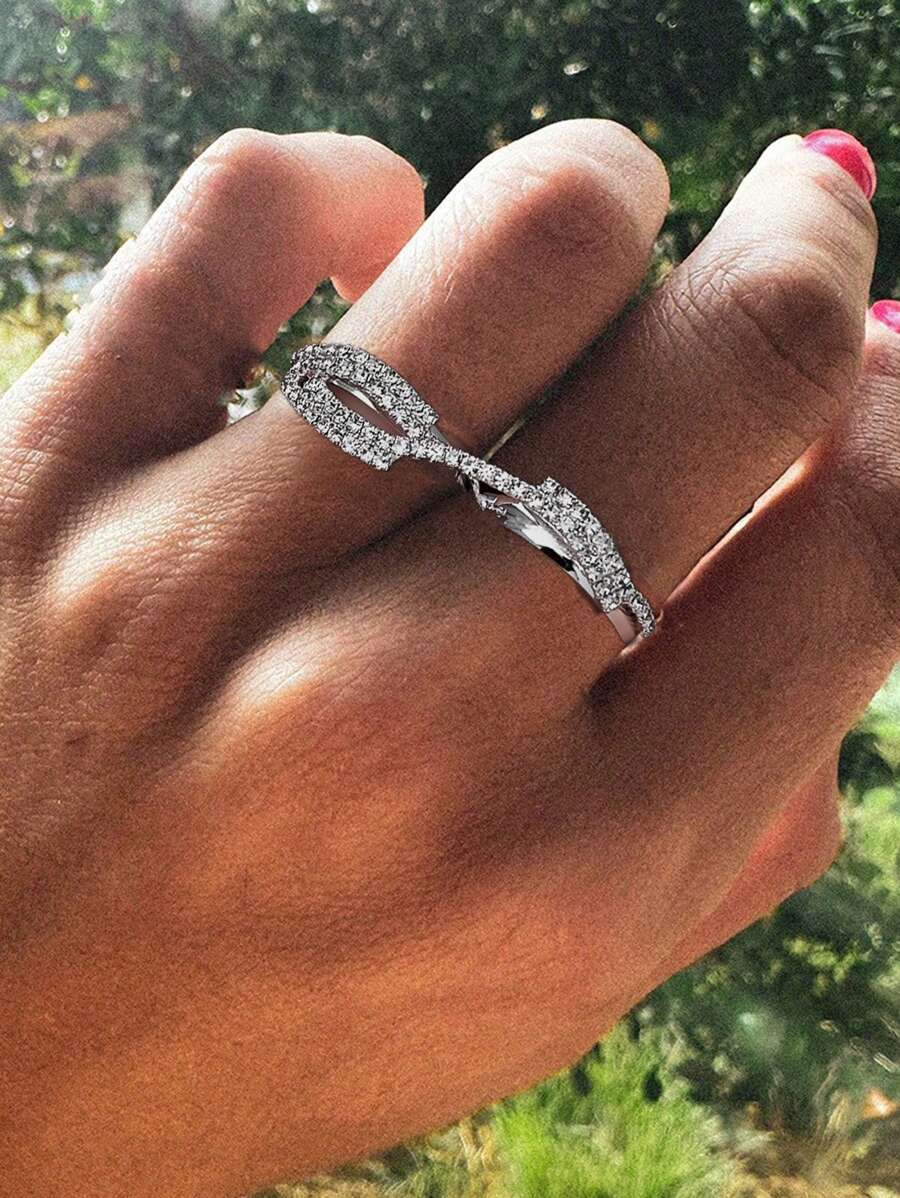 STONEFANS 1pc Silver Luxury Double Finger Ring, Fashionable Unique High-End Fully Rhinestone Decorated Finger Ring Jewelry For Women