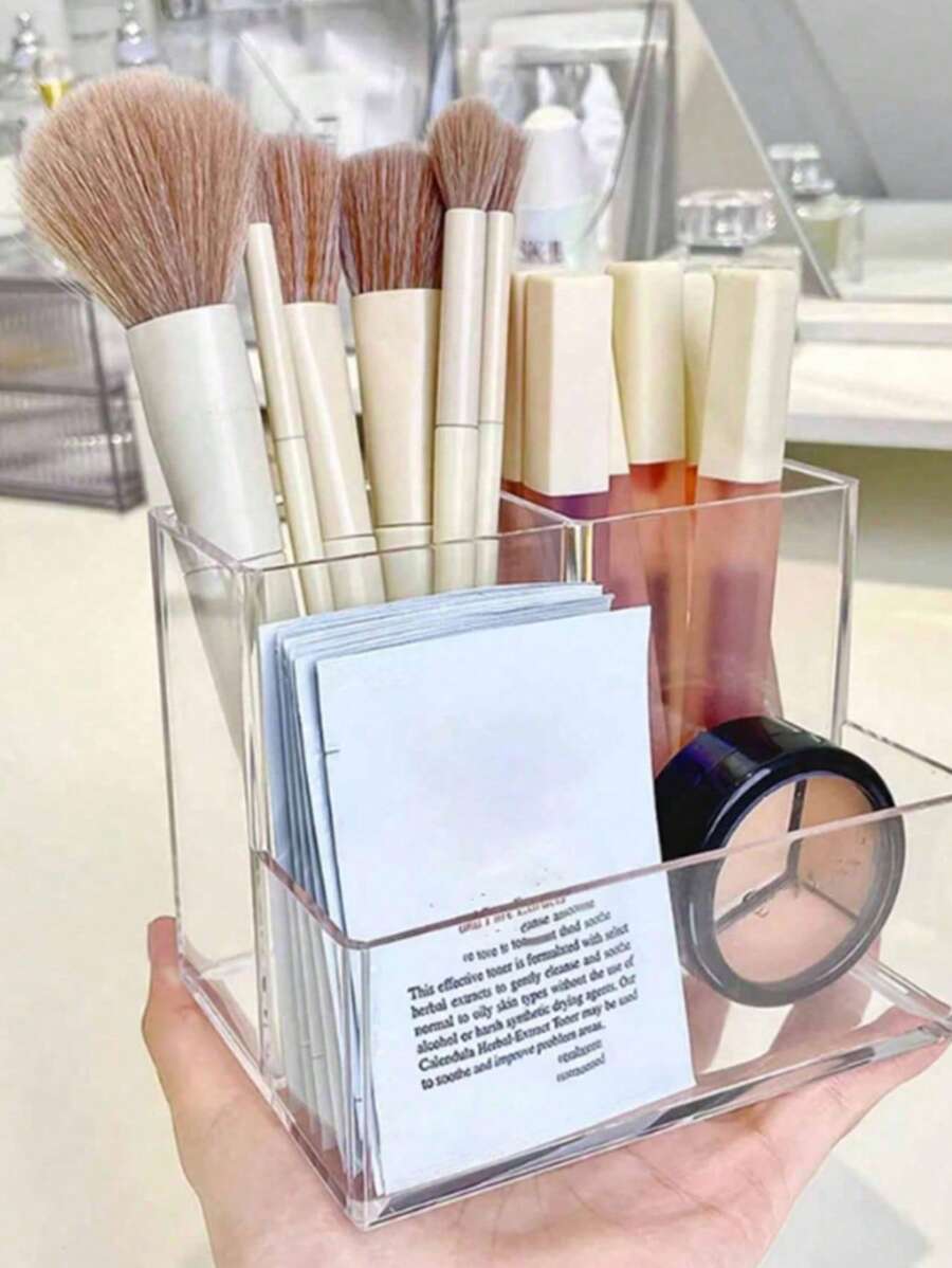 1pc Multi-Compartment Transparent Makeup Organizer Box, Desktop Storage Container For Cosmetics, Brushes, Lipsticks, Multifunctional, Back To School