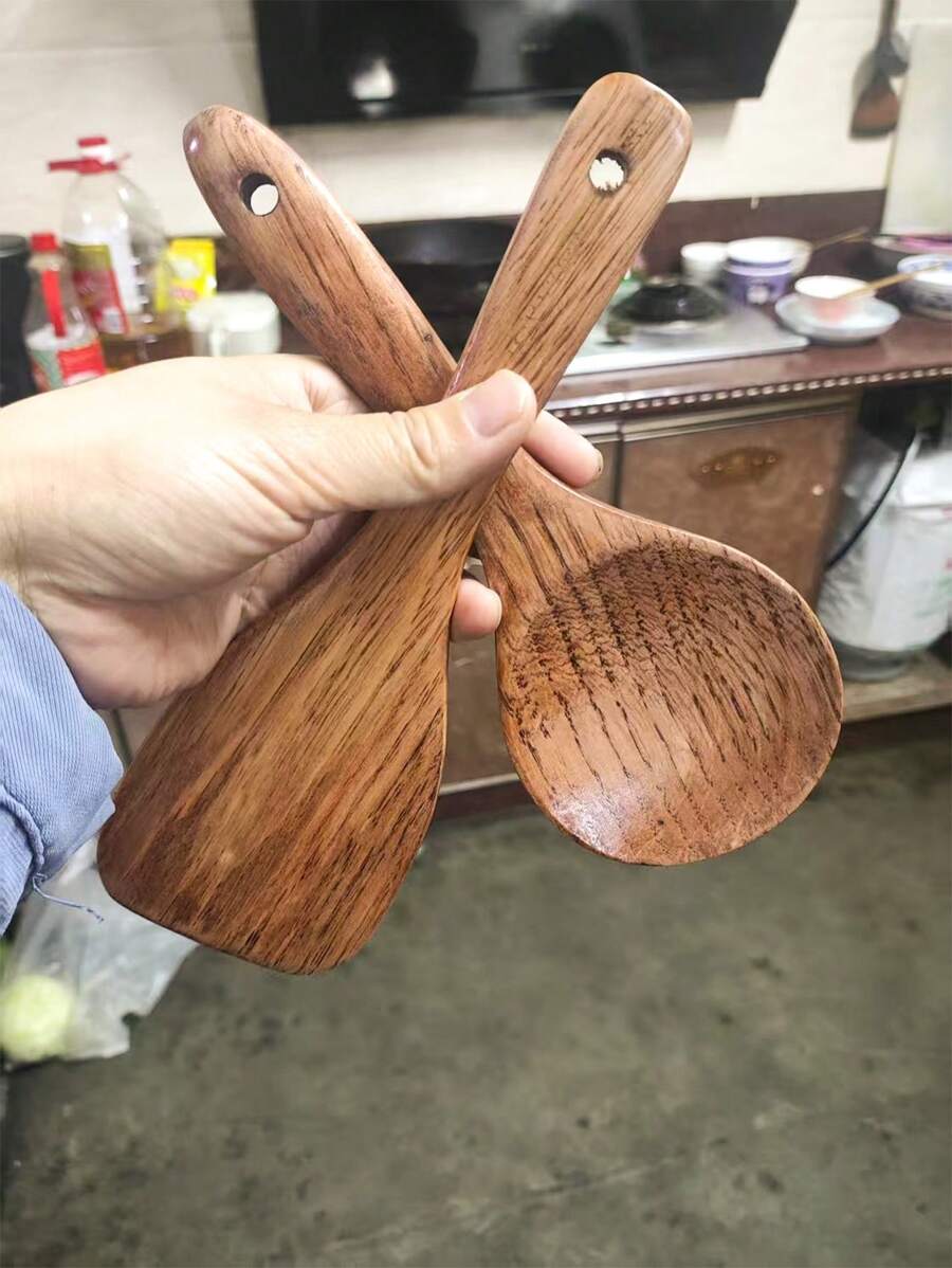 1 pieza/2 piezas Cucharones de arroz de madera de ciprés, espátula para arroz de mango corto estilo japonés, cucharas de cocina de madera, cuchara para servir arrocera, antiadherente para arroz