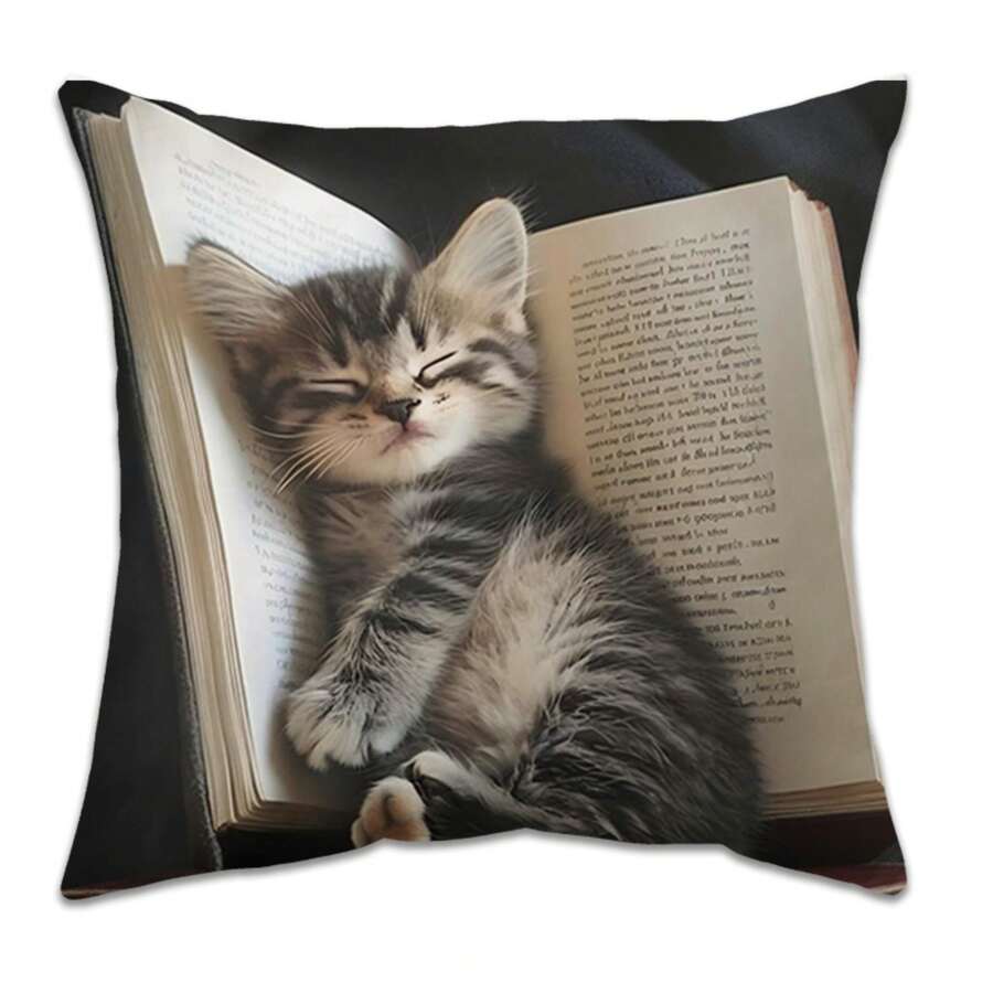 1 pièce Taie d'oreiller décorative en peluche 45 x 45 cm - Motif chat mignon dormant sur des livres, fermeture zippée, polyester doux, décoration d'intérieur idéale pour tous les styles de pièce, excellent cadeau (insert non inclus)