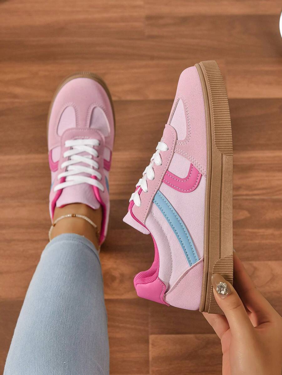 Women's Round Toe Lace-Up Contrast Color Flat Sneakers, Spring/Autumn Campus Style Fabric Trainer Shoes