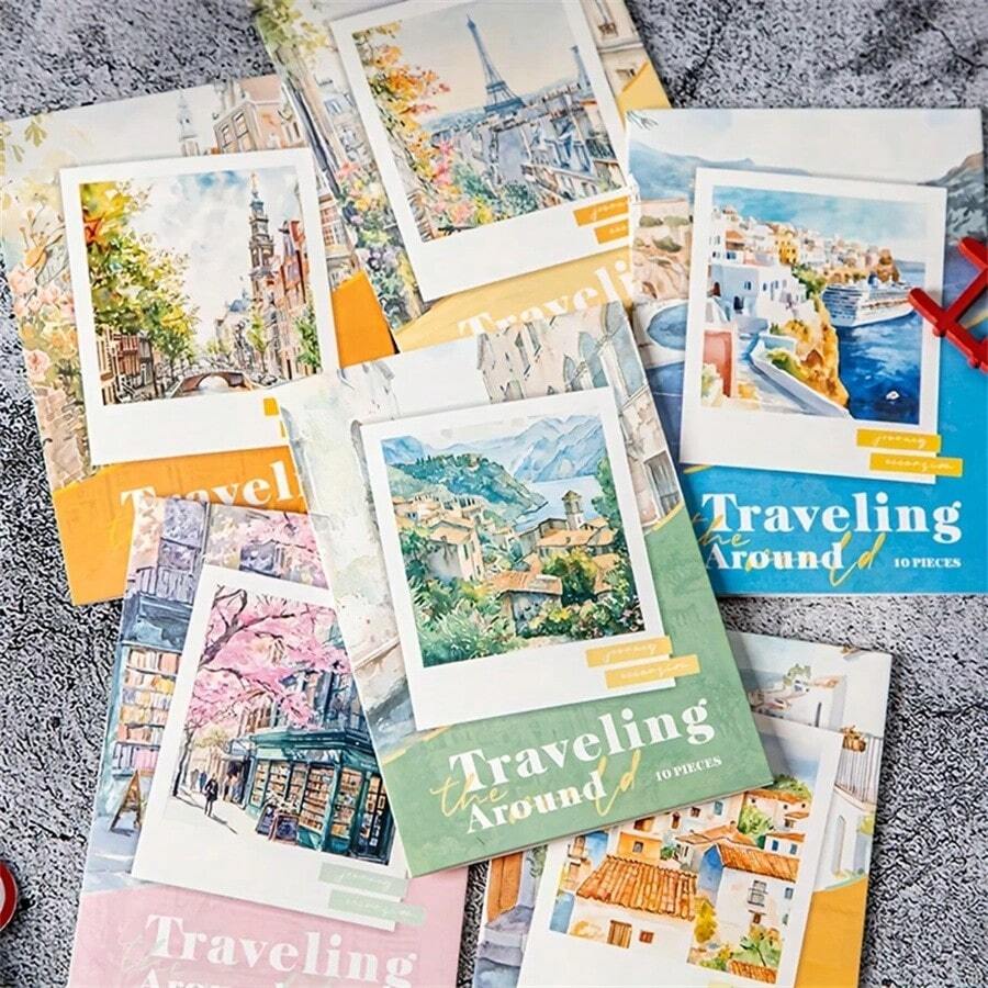 10pcs Waterproof PET Material Travel Scenery Stickers, Matte Surface, World Tour Series For Diaries, Phone Cases, Frames, Self-Adhesive Reusable Stickers Include Eiffel Tower, Statue Of Liberty, Etc.,School Supplies,Back To School