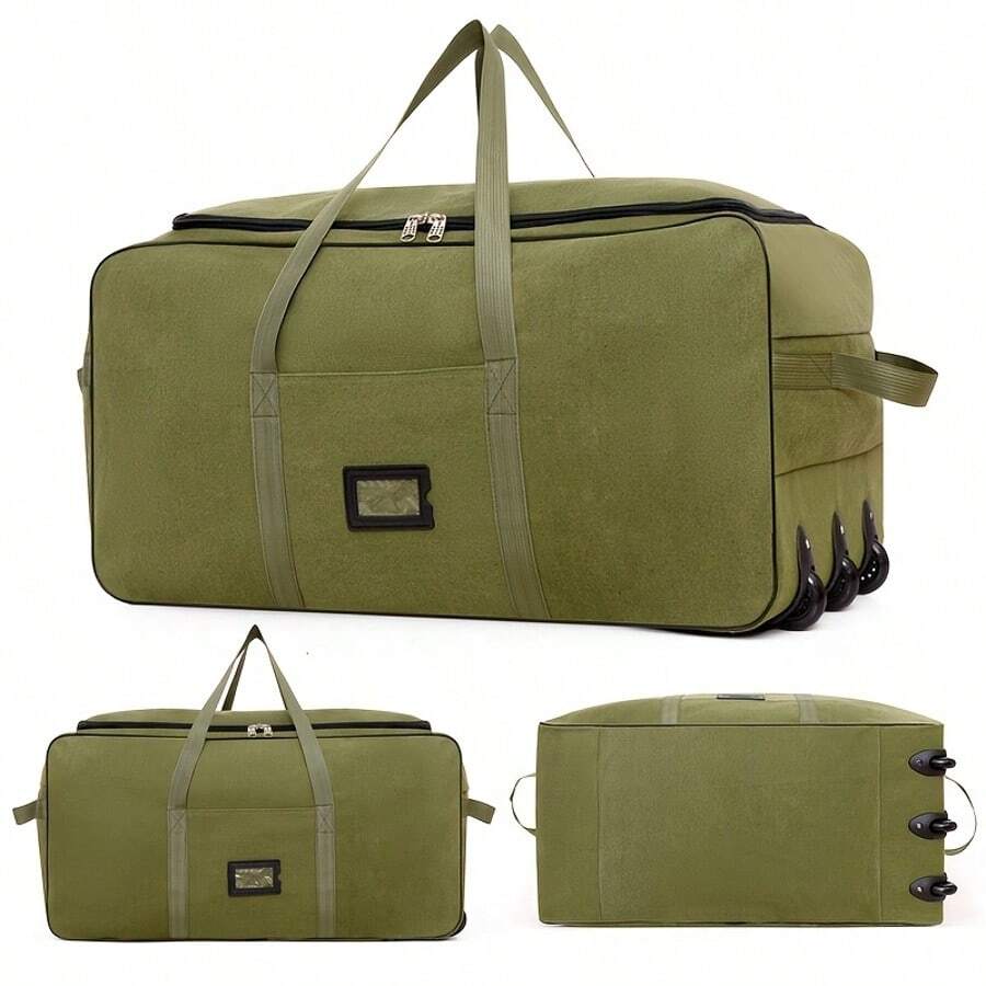1pc Extra Large Canvas Travel Bag With Wheels, Super Sized Foldable Wheeled Luggage, Giant Airplane Check-In Bag, Oversized Folding Wheeled Moving Tote, Quality Canvas Material, Dual Zipper, Side Handle, Separate ID Pocket - Suitable For Work Trips, Study Abroad, Moving House, Travel, Outdoor Adventure, Camping, Storing Winter Clothes & Bedding