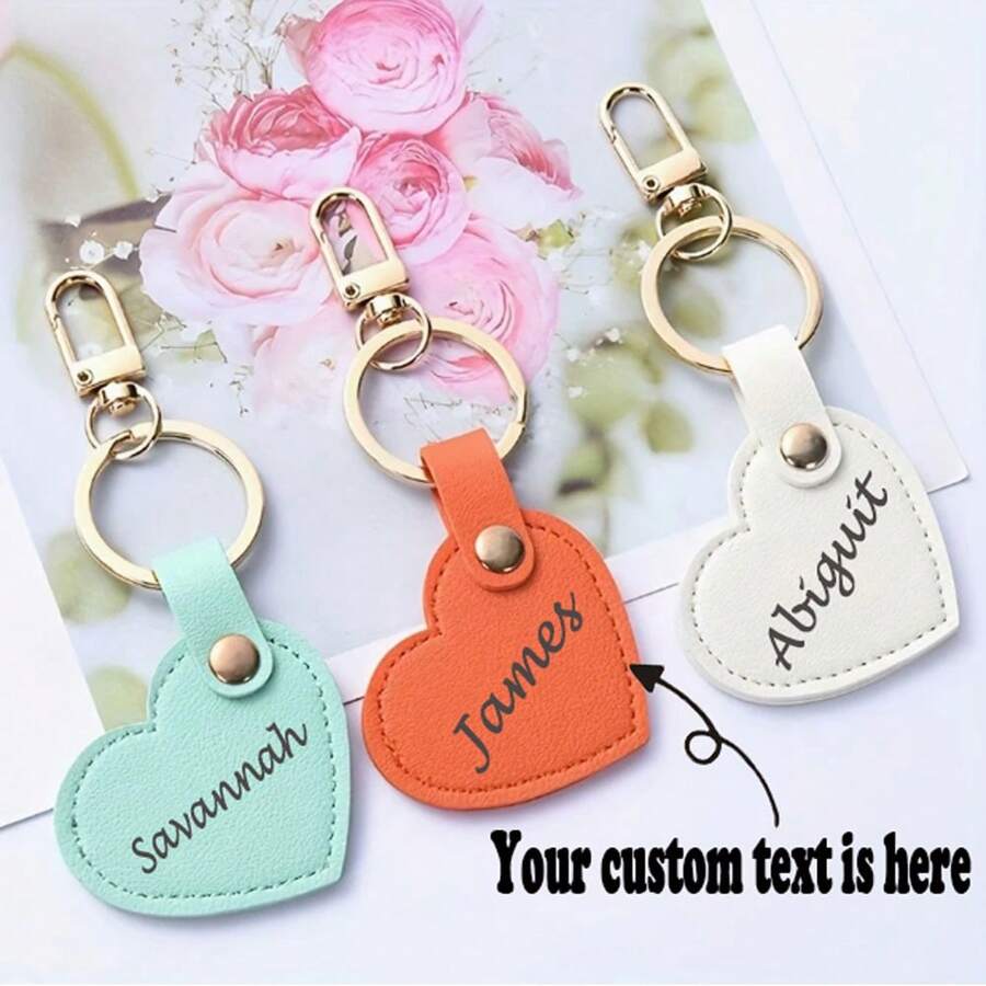 1pc Custom Text Leather Heart Keychain Pendant, Fresh Style Bag Charm Cute Heart Shaped Accessory, Colorful Creative Car Key Chain