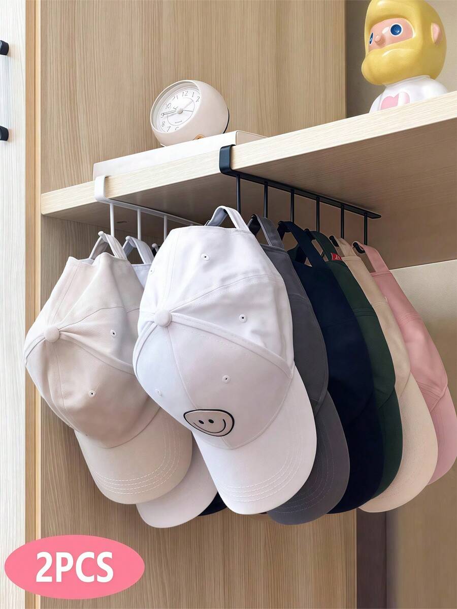 2pcs/Wall Mounted Hat Organiser, Iron Storage Hanger With 6 Hooks, Portable Multi-Functional Storage Hanger, Over The Door Hat Rack, Wardrobe Cabinet Organiser, Suitable For All Types And Sizes Of Hats.