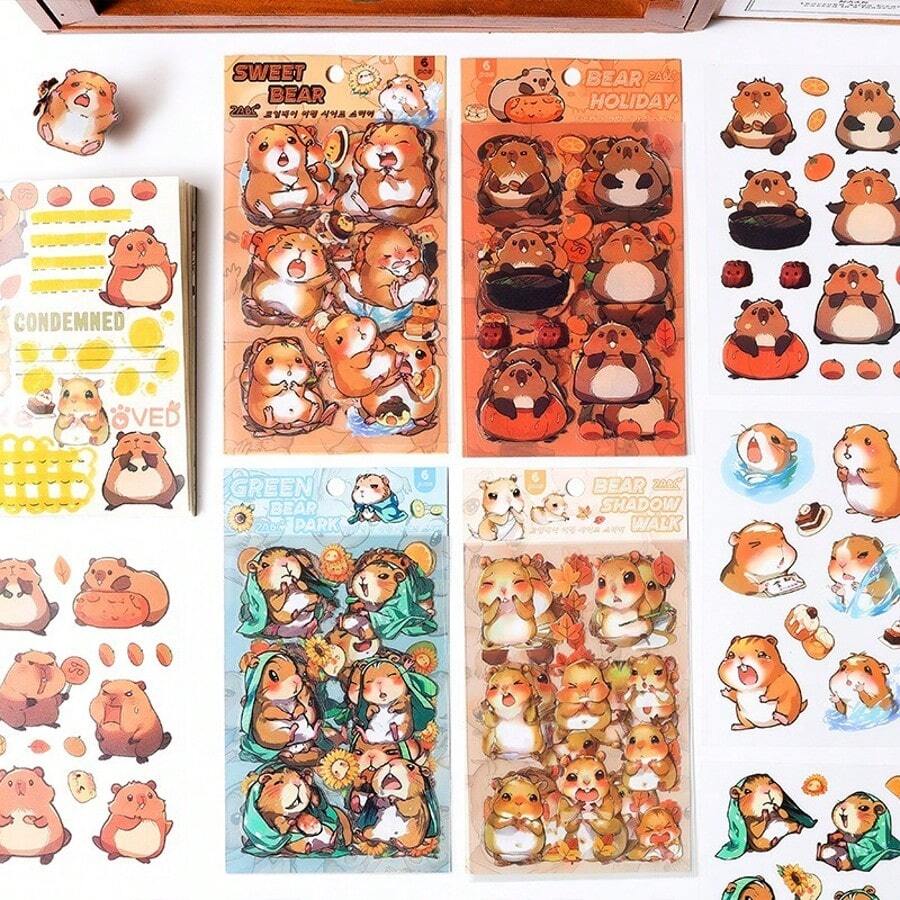 1 Book With 6 Animal Miniature Scene Stickers, Cute Cartoon Landscape Stickers, 3D Stereoscopic Landscape Stickers, Various Combinations Of Fun Landscape Designs, DIY Handmade Collage Of Various Asymmetrical Stickers For Landscape Design